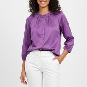 BCBGMAXAZRIA Purple Silk‎ Blend Ruffle Neck Button Front Blouse Top Size S